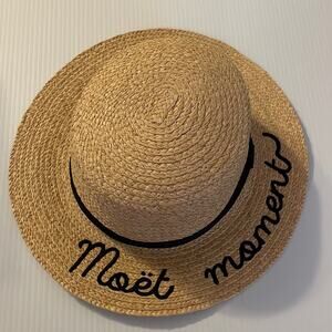 Tan Straw beach/river/sun hat with black ribbon and embroidered Moet Moment
